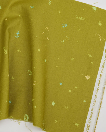 Cotton quilting fabric pattern called 'Motley in Alien'. Part of the 'Motley' fabric collection. Designed by Giucy Giuce for fabric company Andover Fabrics. SKU: A-880-G1. 44-45 inch width.