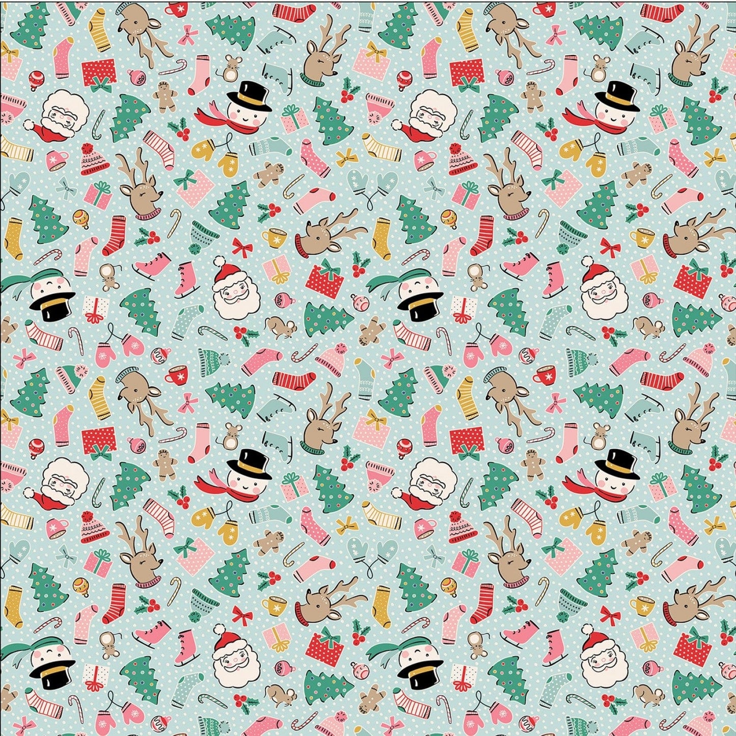 Cotton quilting fabric pattern called 'Blue Cozy Wishes'. Part of the 'Oh What Fun' fabric collection. Designed by Elea Lutz for fabric company Poppie Cotton. SKU: OF23301. 44-45 inch width.