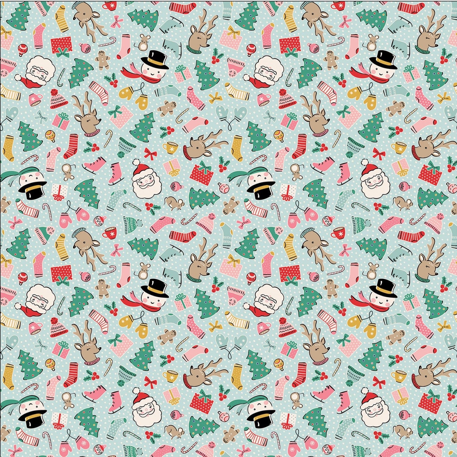 Cotton quilting fabric pattern called 'Blue Cozy Wishes'. Part of the 'Oh What Fun' fabric collection. Designed by Elea Lutz for fabric company Poppie Cotton. SKU: OF23301. 44-45 inch width.