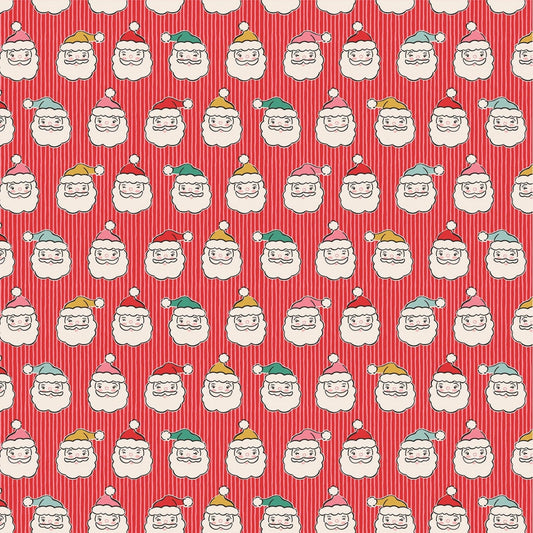 Cotton quilting fabric pattern called 'Red Santa Heads'. Part of the 'Oh What Fun' fabric collection. Designed by Elea Lutz for fabric company Poppie Cotton. SKU: OF23318. 44-45 inch width.