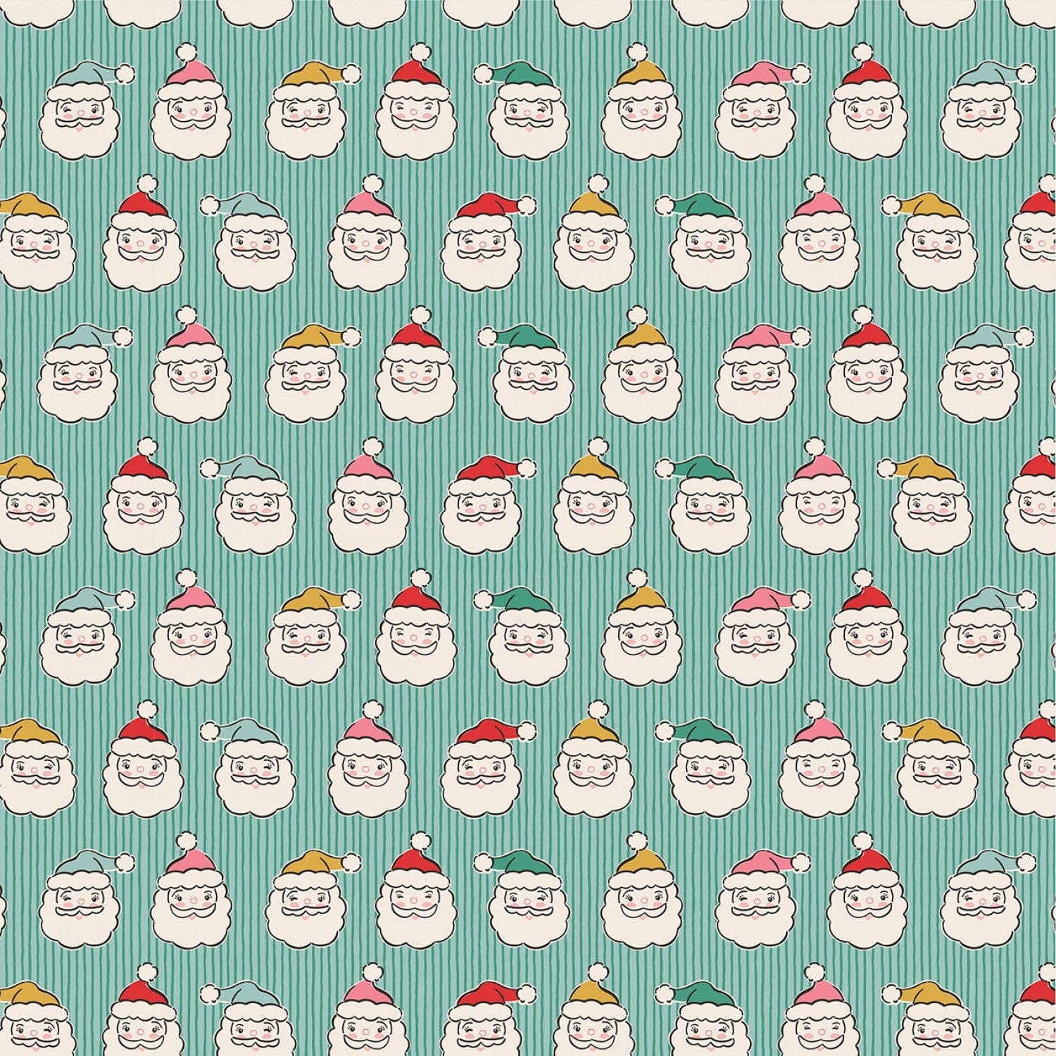 Cotton quilting fabric pattern called 'Green Santa Heads'. Part of the 'Oh What Fun' fabric collection. Designed by Elea Lutz for fabric company Poppie Cotton. SKU: OF23319. 44-45 inch width.