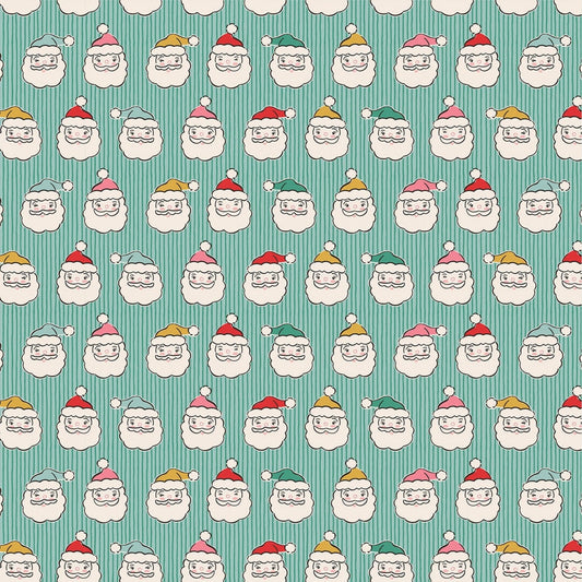 Cotton quilting fabric pattern called 'Green Santa Heads'. Part of the 'Oh What Fun' fabric collection. Designed by Elea Lutz for fabric company Poppie Cotton. SKU: OF23319. 44-45 inch width.