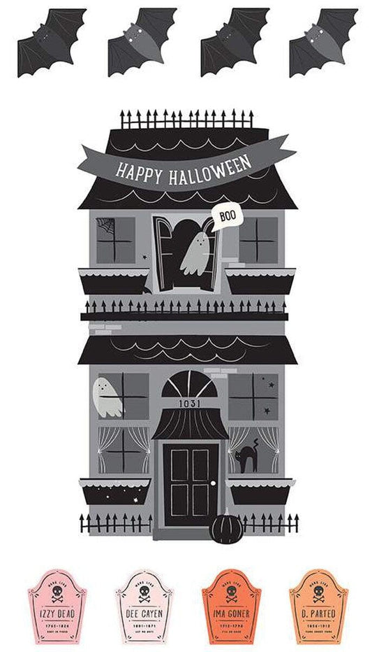 A closeup shot of the quilting fabric Happy Halloween Panel, designed by My Mind's Eye for Riley Blake. The SKU is P16038-PANEL.