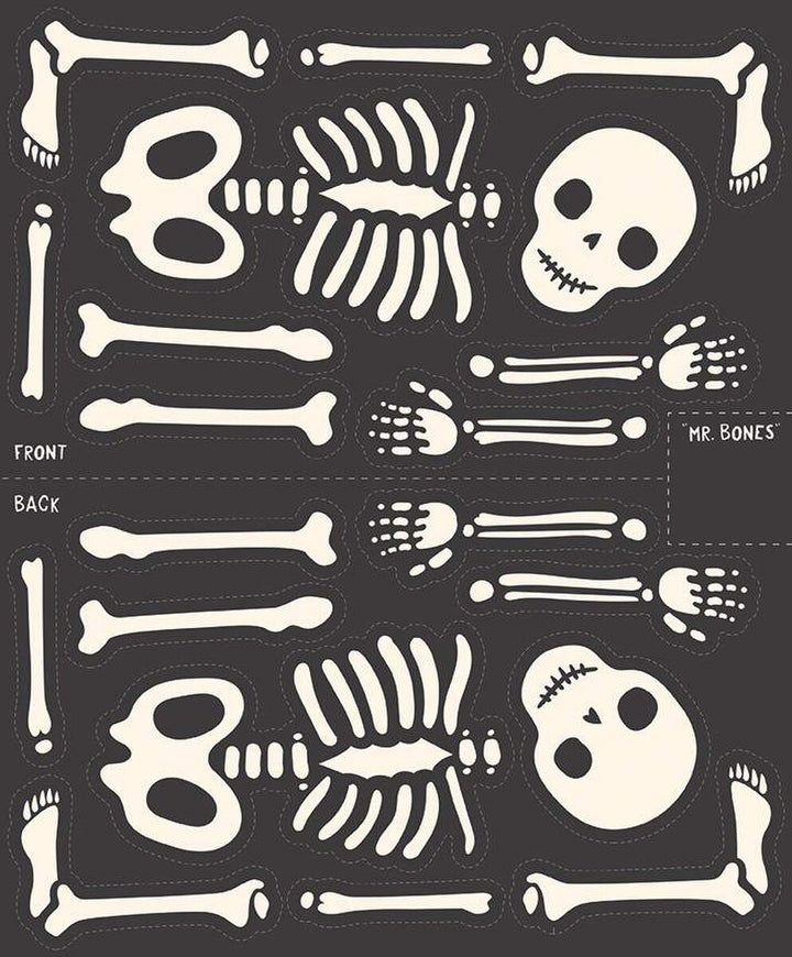 A closeup shot of the quilting fabric Mr. Bones Jr. Panel, designed by My Mind's Eye for Riley Blake. The SKU is P16039-PANEL.