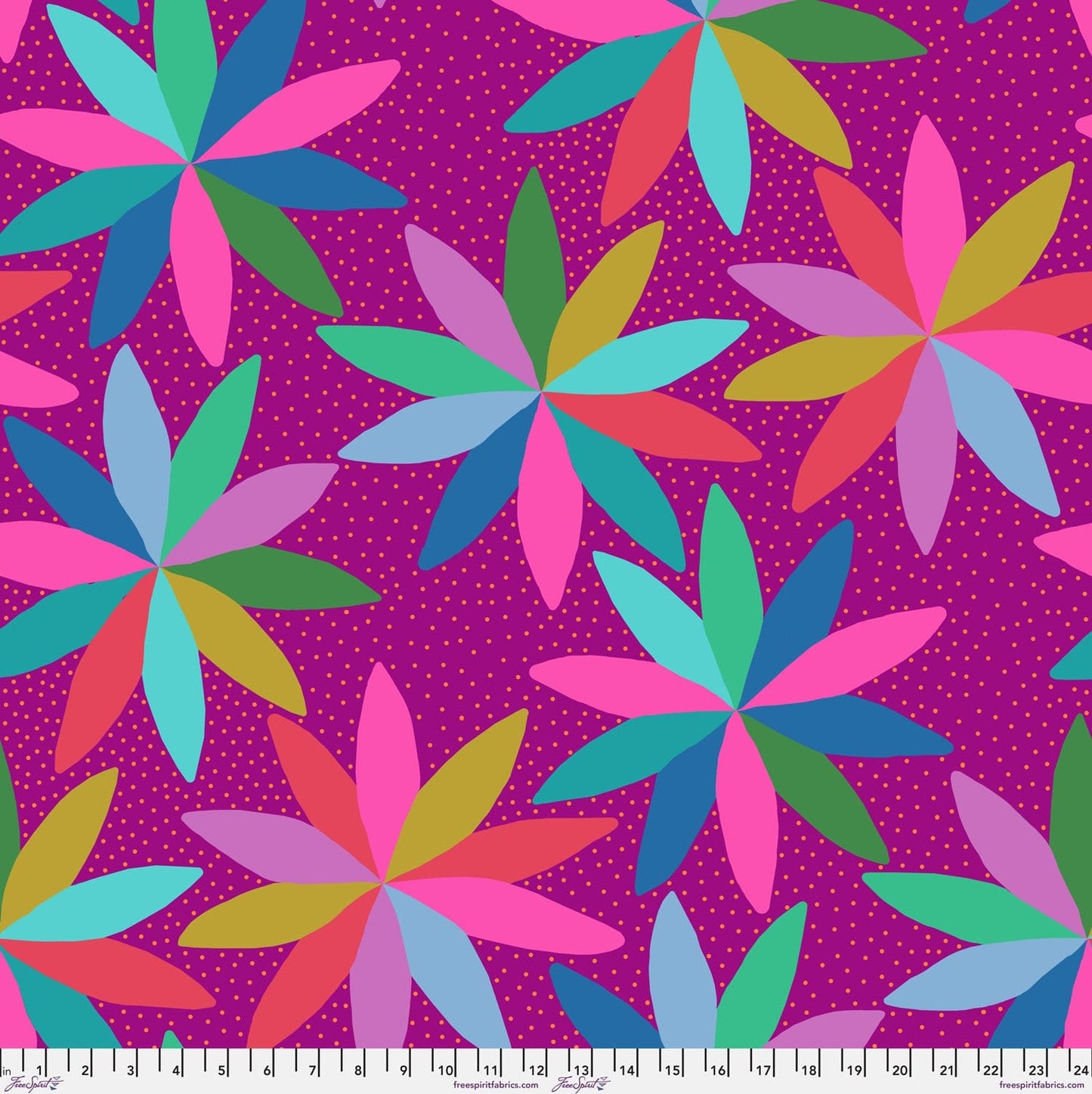 Cotton quilting fabric pattern called 'Cartwheels in Mai Tai'. Part of the 'AM Loves HUE' fabric collection. Designed by Anna Maria Horner for fabric company Free Spirit Fabrics. SKU: PWAH127.MAITAI. 44-45 inch width.
