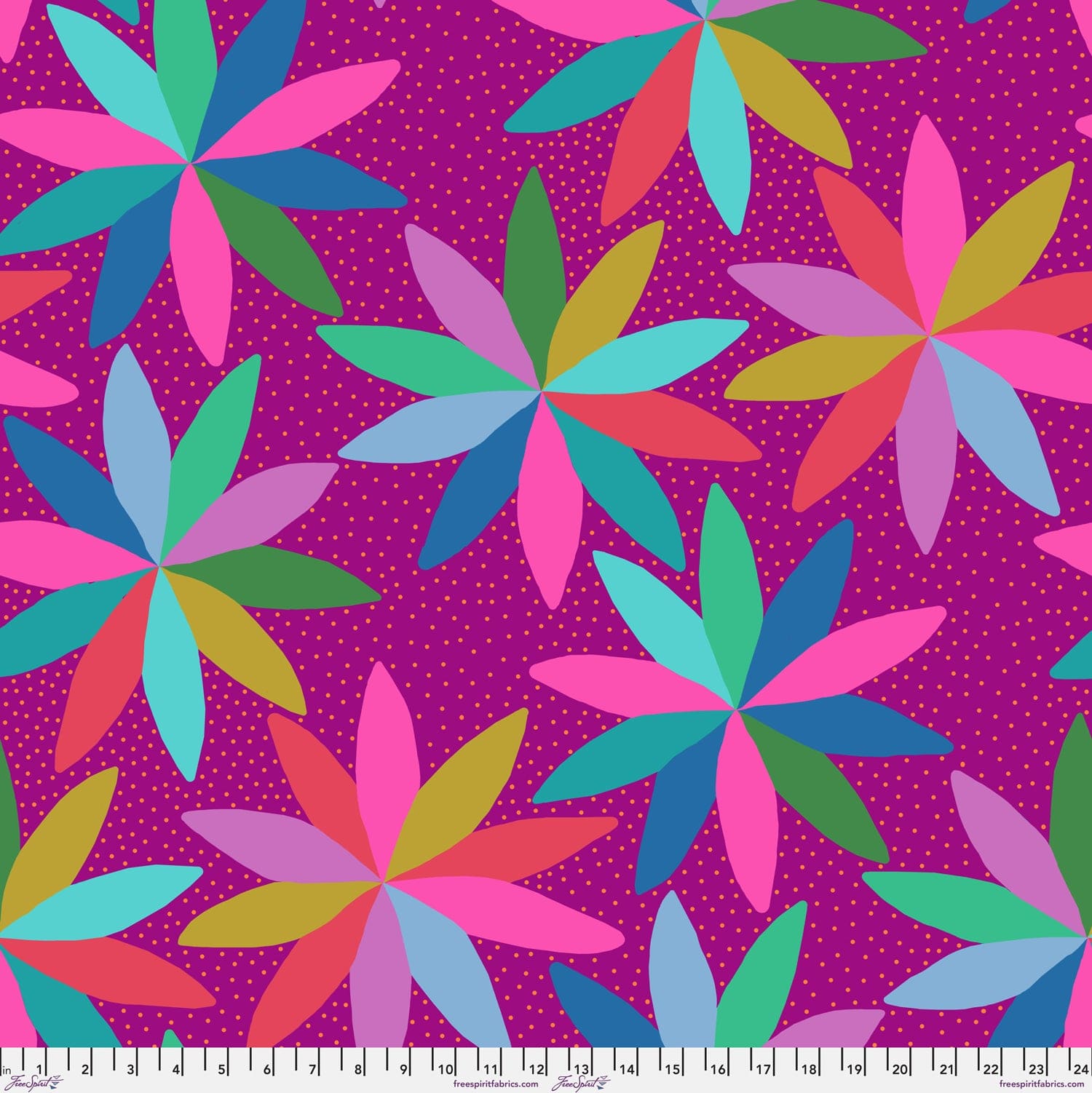 Cotton quilting fabric pattern called 'Cartwheels in Mai Tai'. Part of the 'AM Loves HUE' fabric collection. Designed by Anna Maria Horner for fabric company Free Spirit Fabrics. SKU: PWAH127.MAITAI. 44-45 inch width.