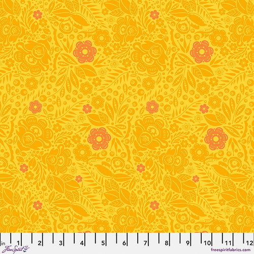 Cotton quilting fabric pattern called 'Lace in Mango'. Part of the 'Love Always, AM' fabric collection. Designed by Anna Maria Horner for fabric company Free Spirit. SKU: PWAH132.MANGO. 44-45 inch width.