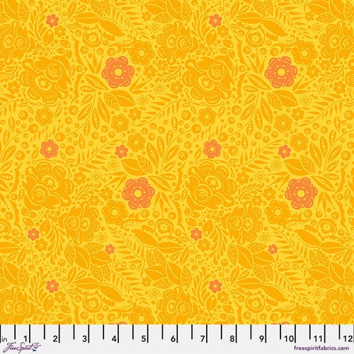 Cotton quilting fabric pattern called 'Lace in Mango'. Part of the 'Love Always, AM' fabric collection. Designed by Anna Maria Horner for fabric company Free Spirit. SKU: PWAH132.MANGO. 44-45 inch width.