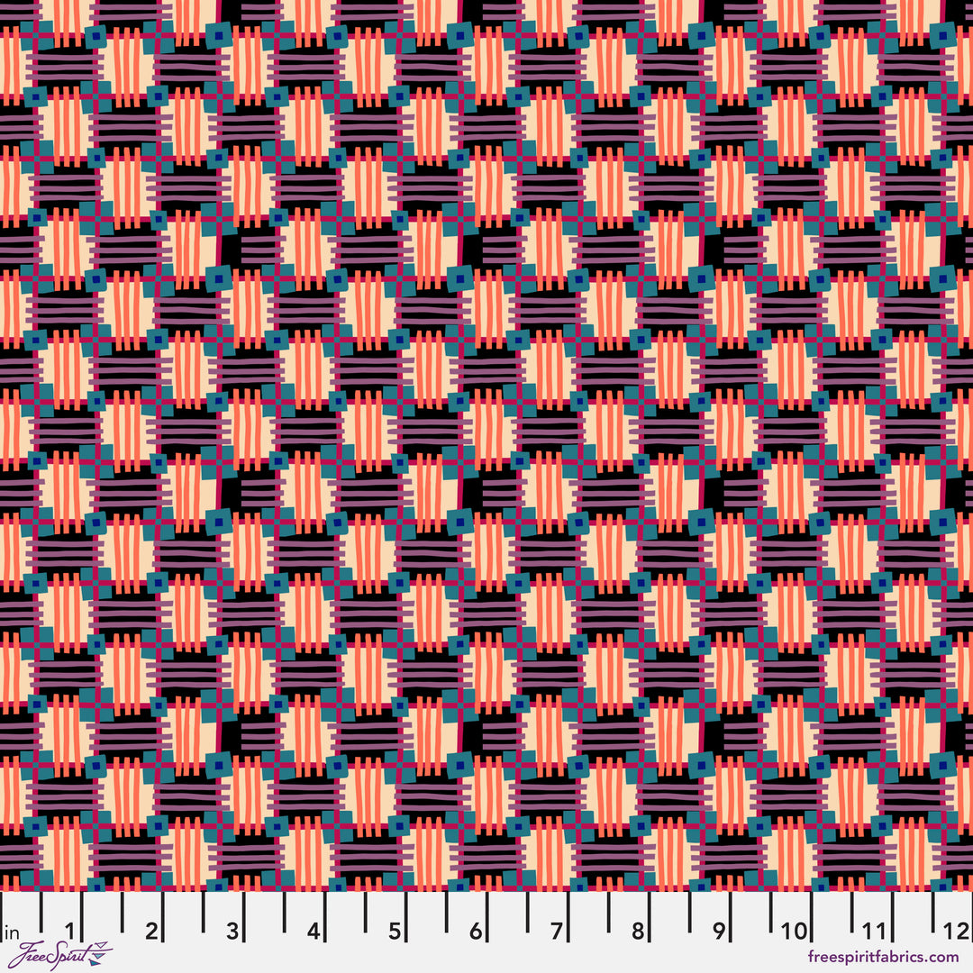 Cotton quilting fabric pattern called 'In Town in Licorice'. Part of the 'Love Always, AM' fabric collection. Designed by Anna Maria Horner for fabric company Free Spirit. SKU: PWAH158.LICORICE. 44-45 inch width.
