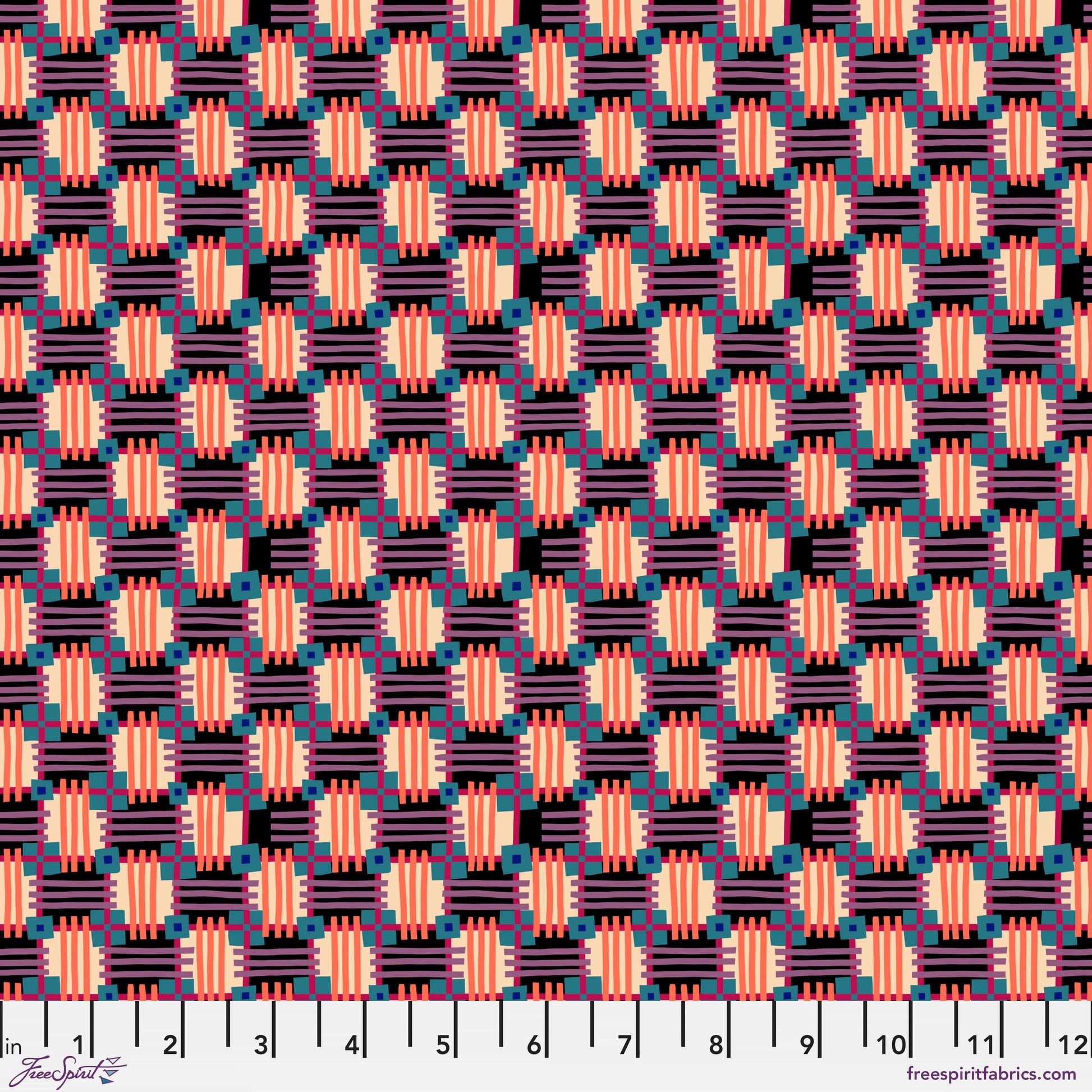 Cotton quilting fabric pattern called 'In Town in Licorice'. Part of the 'Love Always, AM' fabric collection. Designed by Anna Maria Horner for fabric company Free Spirit. SKU: PWAH158.LICORICE. 44-45 inch width.
