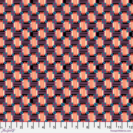 Cotton quilting fabric pattern called 'In Town in Licorice'. Part of the 'Love Always, AM' fabric collection. Designed by Anna Maria Horner for fabric company Free Spirit. SKU: PWAH158.LICORICE. 44-45 inch width.