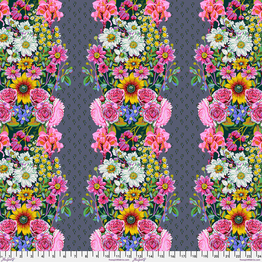 Cotton quilting fabric pattern called 'Beata's Garden in Steel'. Part of the 'Good Gracious' fabric collection. Designed by Anna Maria Horner for fabric company Free Spirit Fabrics. SKU: PWAH217.STEEL. 44-45 inch width.