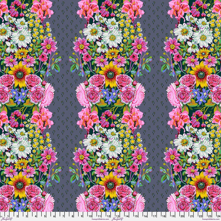 Cotton quilting fabric pattern called 'Beata's Garden in Steel'. Part of the 'Good Gracious' fabric collection. Designed by Anna Maria Horner for fabric company Free Spirit Fabrics. SKU: PWAH217.STEEL. 44-45 inch width.