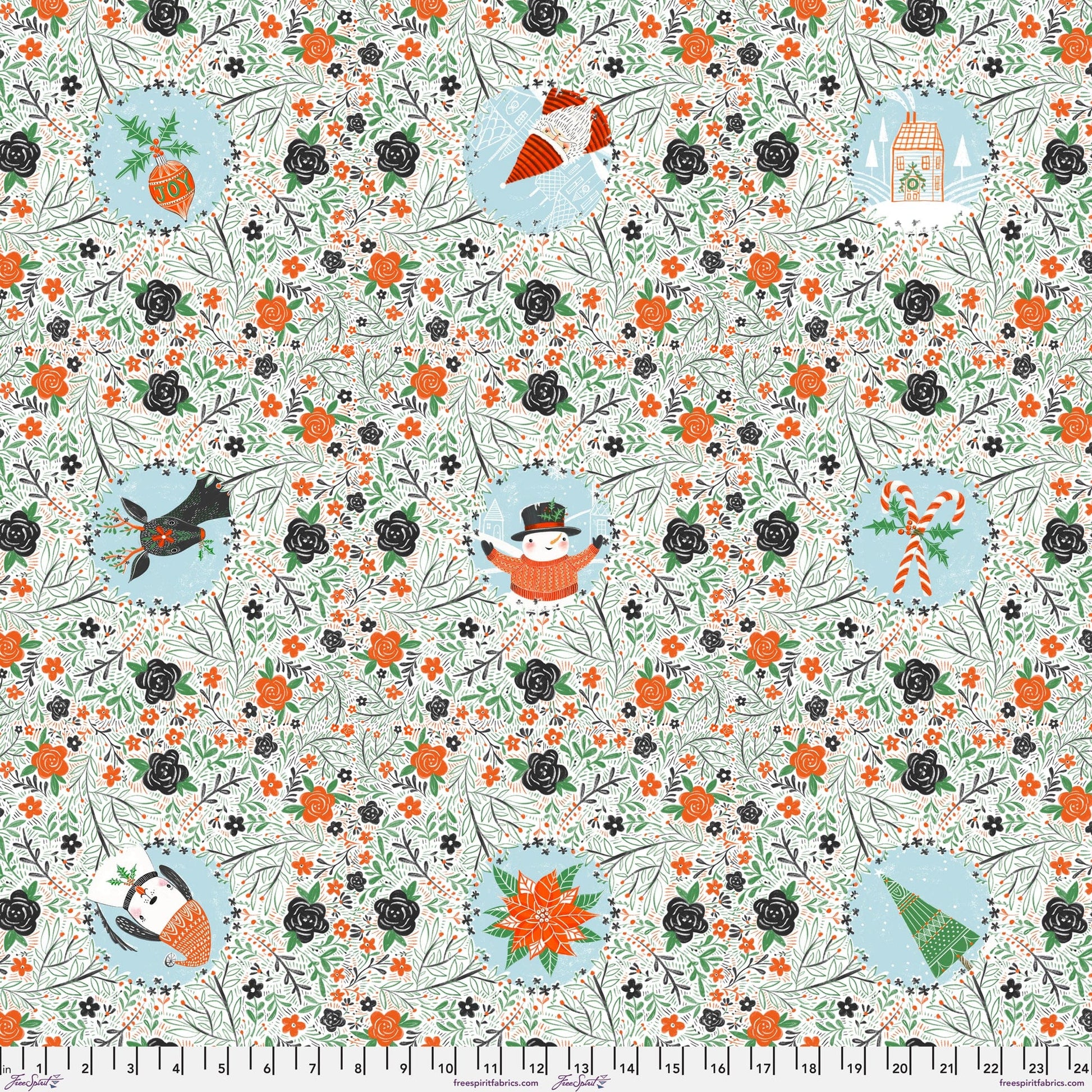 Cotton quilting fabric pattern called 'All Things Christmas in White'. Part of the 'Winter Joy' fabric collection. Designed by Cori Dantini for fabric company Free Spirit. SKU: PWCD097.XWHITE. 44-45 inch width.