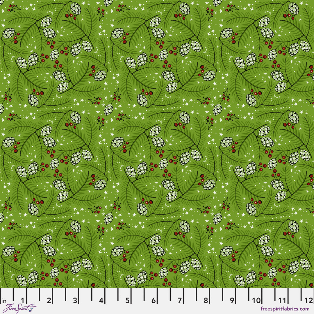 PREORDER - Winter Joy - Pine Cones and Stars in Green - Cori Dantini - PWCD099.XGREEN - Half Yard
