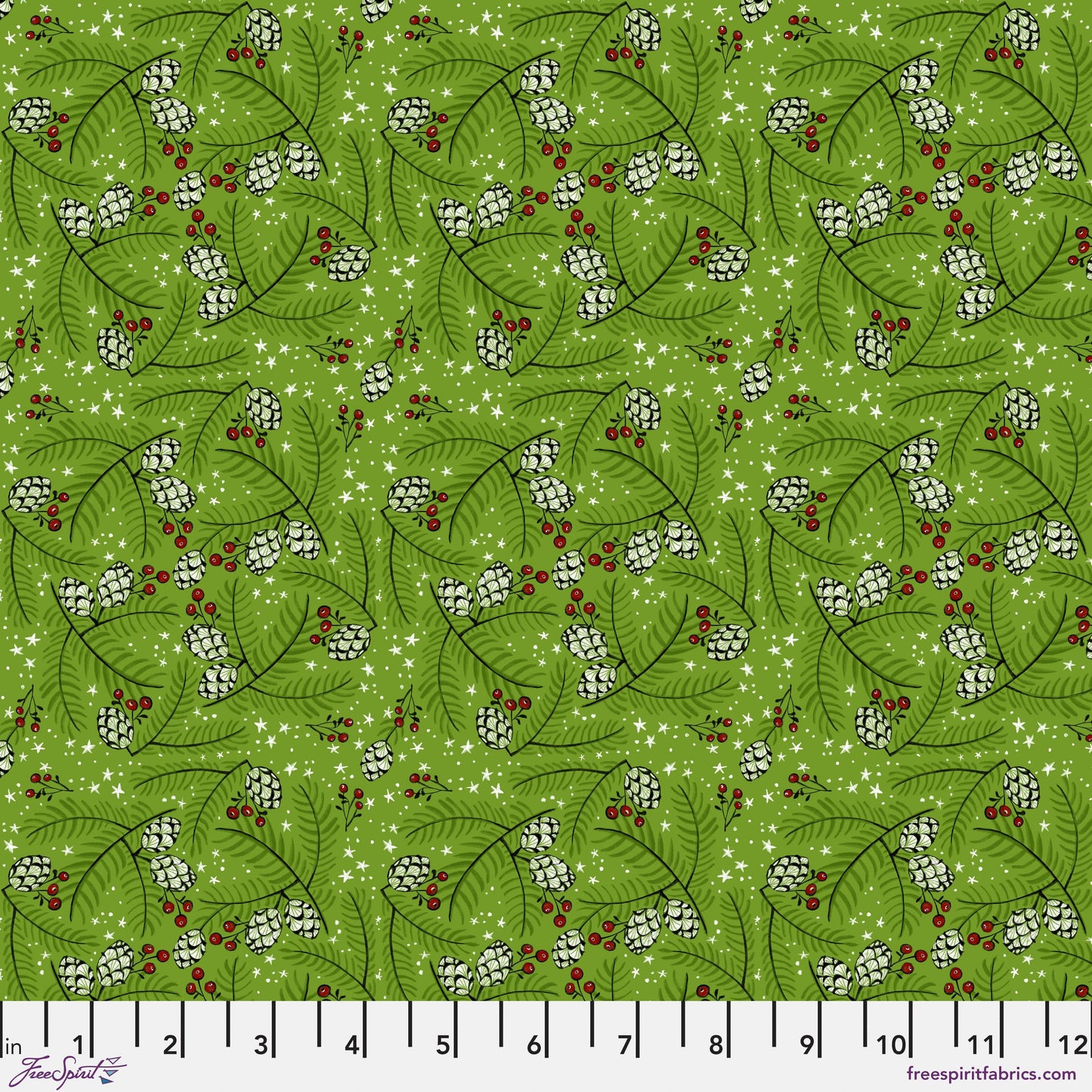 Cotton quilting fabric pattern called 'Pine Cones and Stars in Green'. Part of the 'Winter Joy' fabric collection. Designed by Cori Dantini for fabric company Free Spirit. SKU: PWCD099.XGREEN. 44-45 inch width.