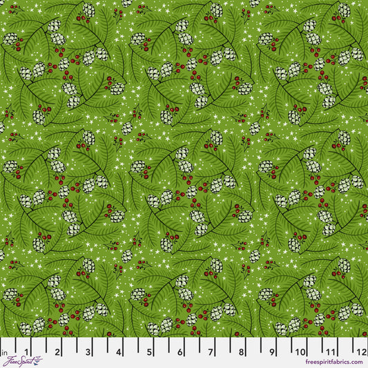 Cotton quilting fabric pattern called 'Pine Cones and Stars in Green'. Part of the 'Winter Joy' fabric collection. Designed by Cori Dantini for fabric company Free Spirit. SKU: PWCD099.XGREEN. 44-45 inch width.