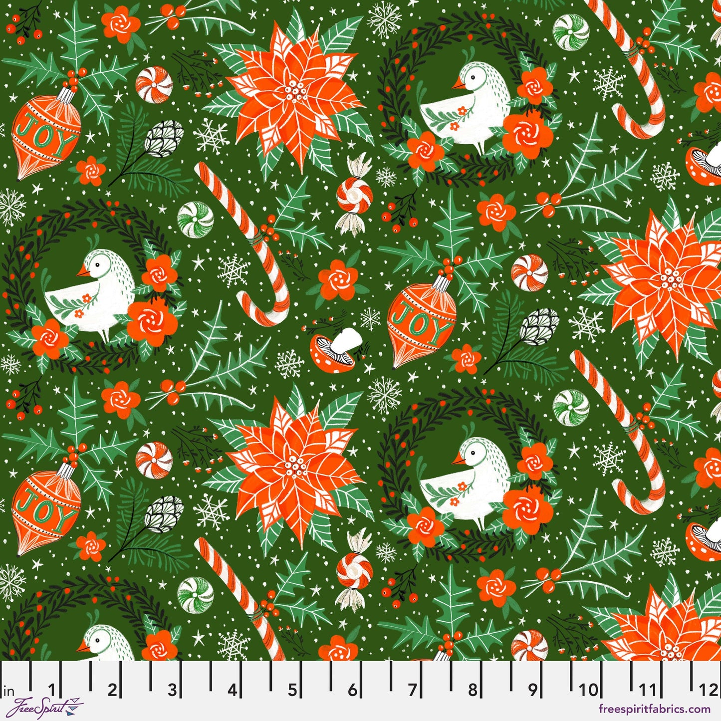 Cotton quilting fabric pattern called 'Sweet Tree in Hunter'. Part of the 'Winter Joy' fabric collection. Designed by Cori Dantini for fabric company Free Spirit. SKU: PWCD100.XHUNTER. 44-45 inch width.