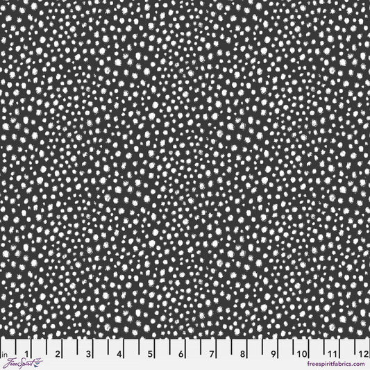 Cotton quilting fabric pattern called 'Flurries in Charcoal'. Part of the 'Winter Joy' fabric collection. Designed by Cori Dantini for fabric company Free Spirit. SKU: PWCD102.XCHARCOAL. 44-45 inch width.