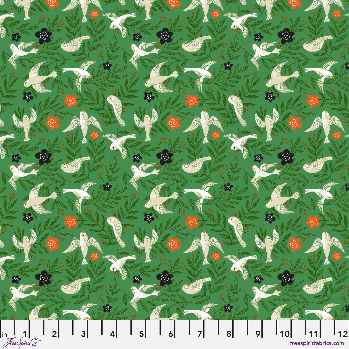 Cotton quilting fabric pattern called 'Flying Floral in Forest'. Part of the 'Winter Joy' fabric collection. Designed by Cori Dantini for fabric company Free Spirit. SKU: PWCD103.XFOREST. 44-45 inch width.