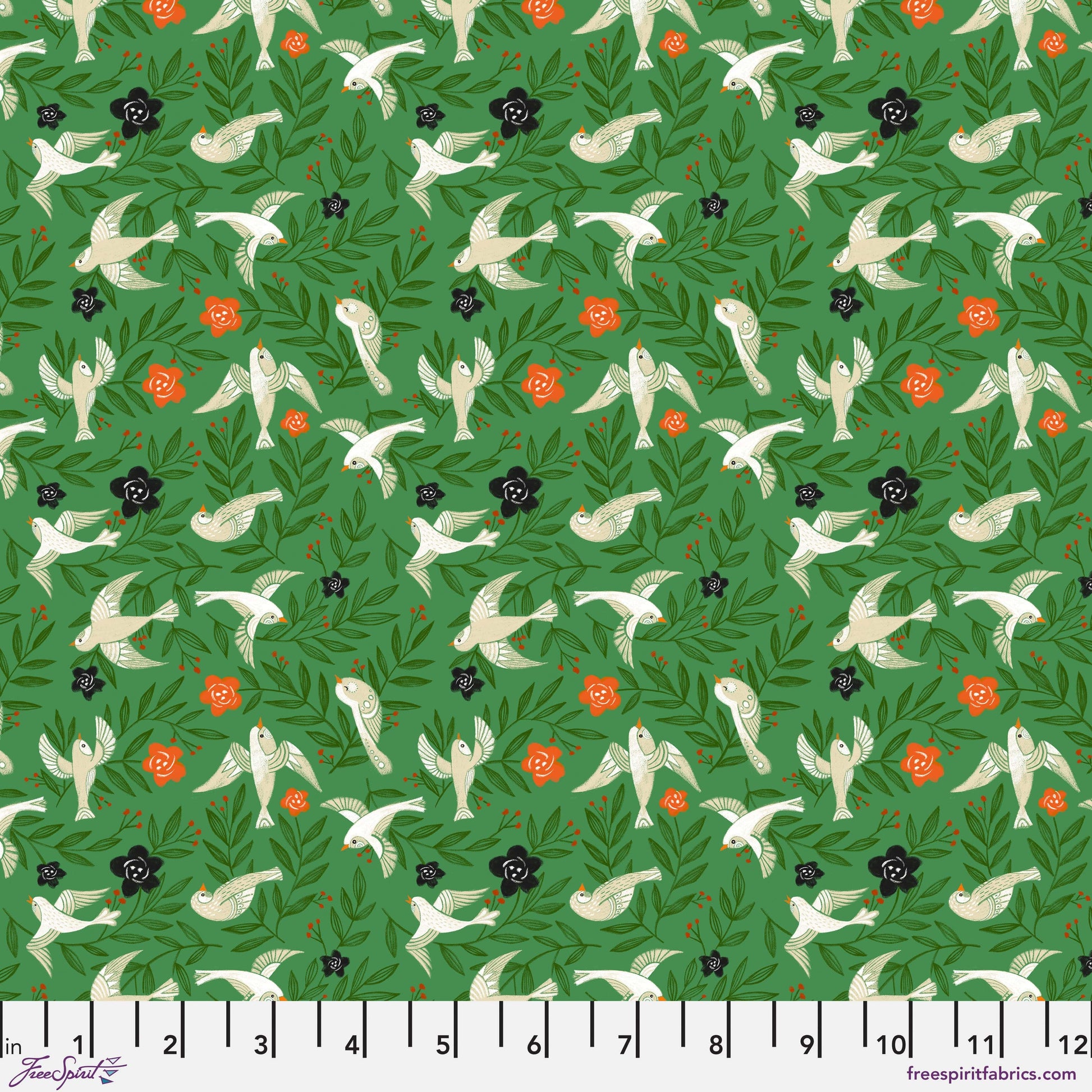 Cotton quilting fabric pattern called 'Flying Floral in Forest'. Part of the 'Winter Joy' fabric collection. Designed by Cori Dantini for fabric company Free Spirit. SKU: PWCD103.XFOREST. 44-45 inch width.