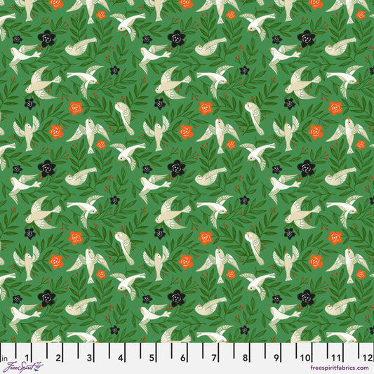 Cotton quilting fabric pattern called 'Flying Floral in Forest'. Part of the 'Winter Joy' fabric collection. Designed by Cori Dantini for fabric company Free Spirit. SKU: PWCD103.XFOREST. 44-45 inch width.