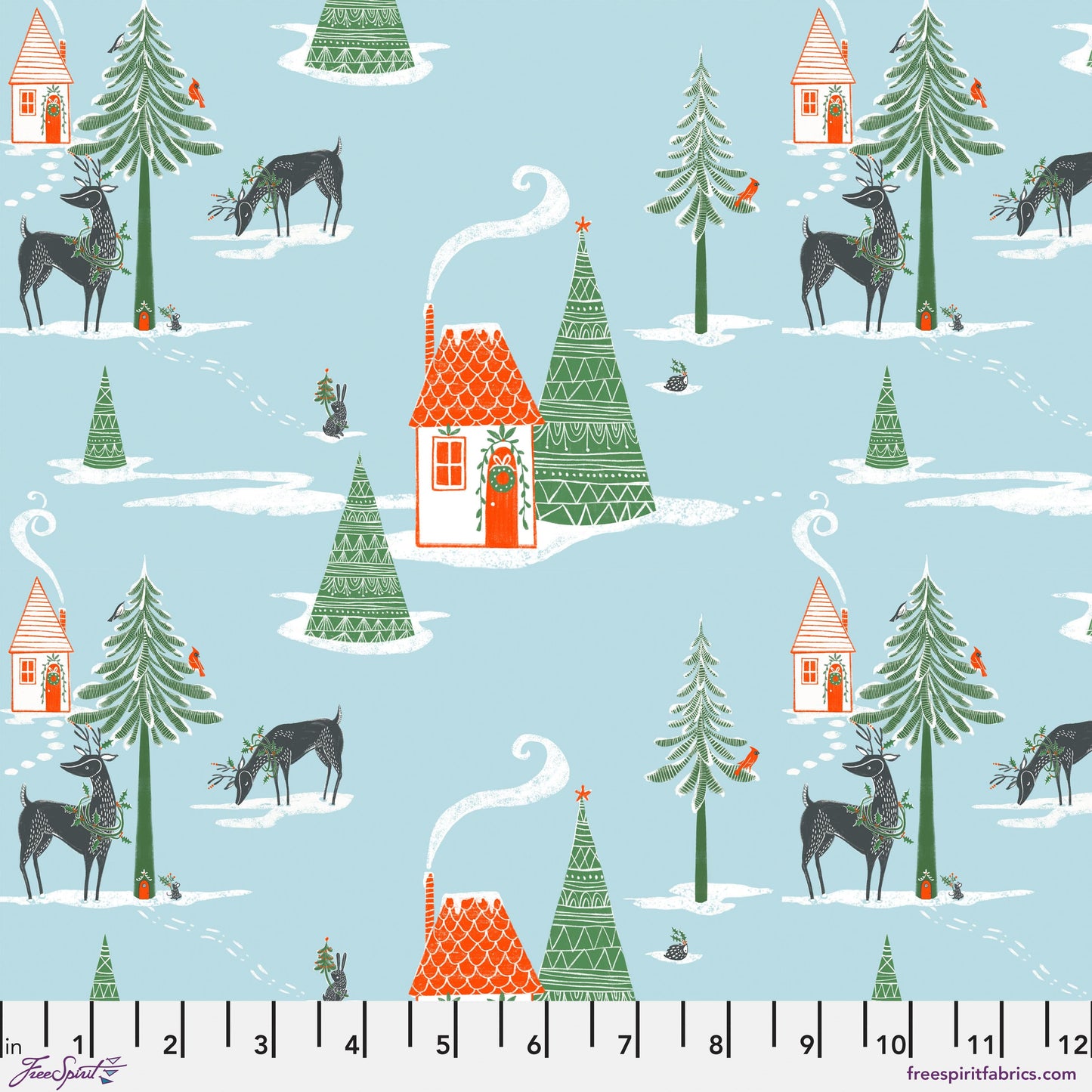Cotton quilting fabric pattern called 'Snowy Winter in Ice'. Part of the 'Winter Joy' fabric collection. Designed by Cori Dantini for fabric company Free Spirit. SKU: PWCD107.XICE. 44-45 inch width.