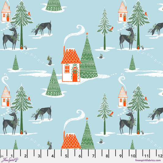 Cotton quilting fabric pattern called 'Snowy Winter in Ice'. Part of the 'Winter Joy' fabric collection. Designed by Cori Dantini for fabric company Free Spirit. SKU: PWCD107.XICE. 44-45 inch width.