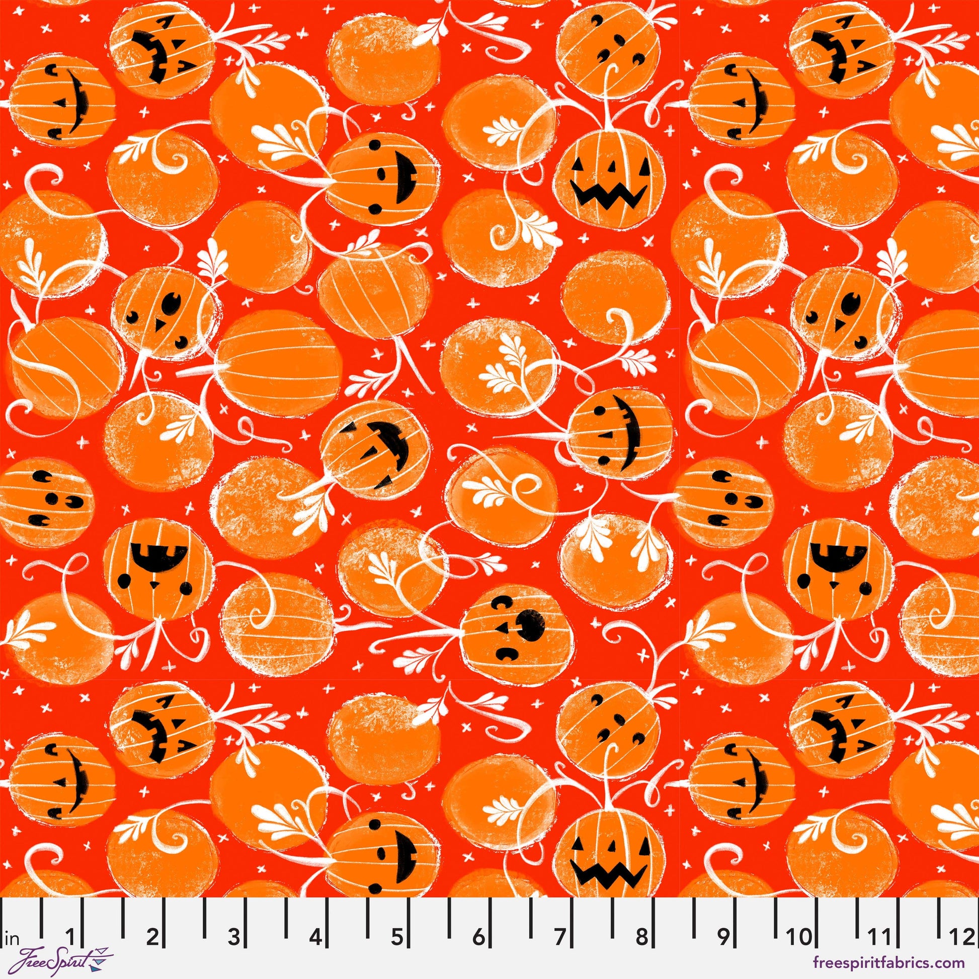 Cotton quilting fabric pattern called 'Happy Jacks in Pumpkin'. Part of the 'Ghostly Greetings' fabric collection. Designed by Cori Dantini for fabric company Free Spirit. SKU: PWCD112.XPUMPKIN. 44-45 inch width.