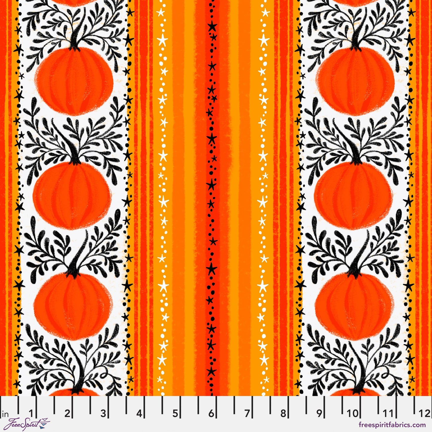 Cotton quilting fabric pattern called 'Pumpkin Vines in Orange'. Part of the 'Ghostly Greetings' fabric collection. Designed by Cori Dantini for fabric company Free Spirit. SKU: PWCD113.XORANGE . 44-45 inch width.