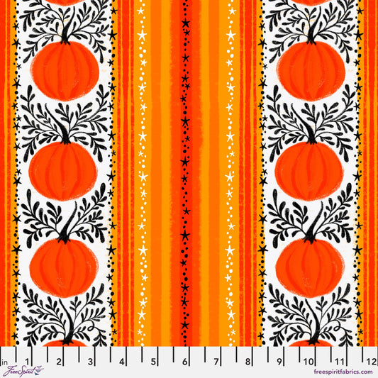 Cotton quilting fabric pattern called 'Pumpkin Vines in Orange'. Part of the 'Ghostly Greetings' fabric collection. Designed by Cori Dantini for fabric company Free Spirit. SKU: PWCD113.XORANGE . 44-45 inch width.