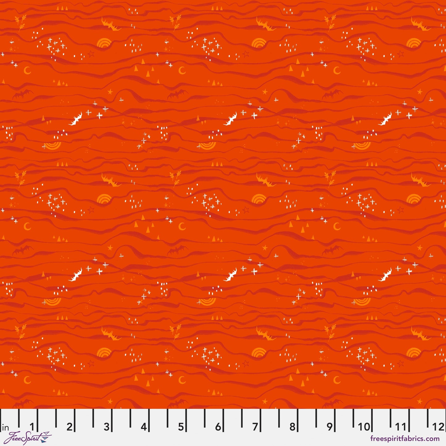 Cotton quilting fabric pattern called 'Squash in Squash'. Part of the 'Ghostly Greetings' fabric collection. Designed by Cori Dantini for fabric company Free Spirit. SKU: PWCD115.XSQUASH. 44-45 inch width.