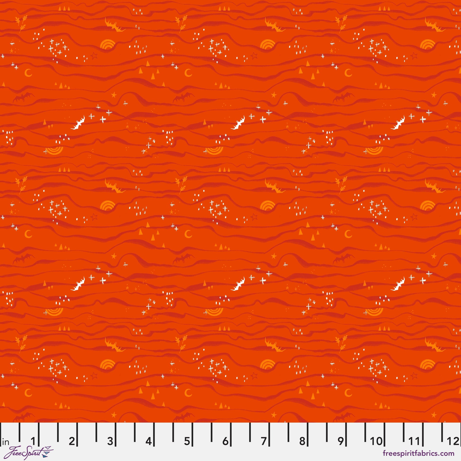 Cotton quilting fabric pattern called 'Squash in Squash'. Part of the 'Ghostly Greetings' fabric collection. Designed by Cori Dantini for fabric company Free Spirit. SKU: PWCD115.XSQUASH. 44-45 inch width.
