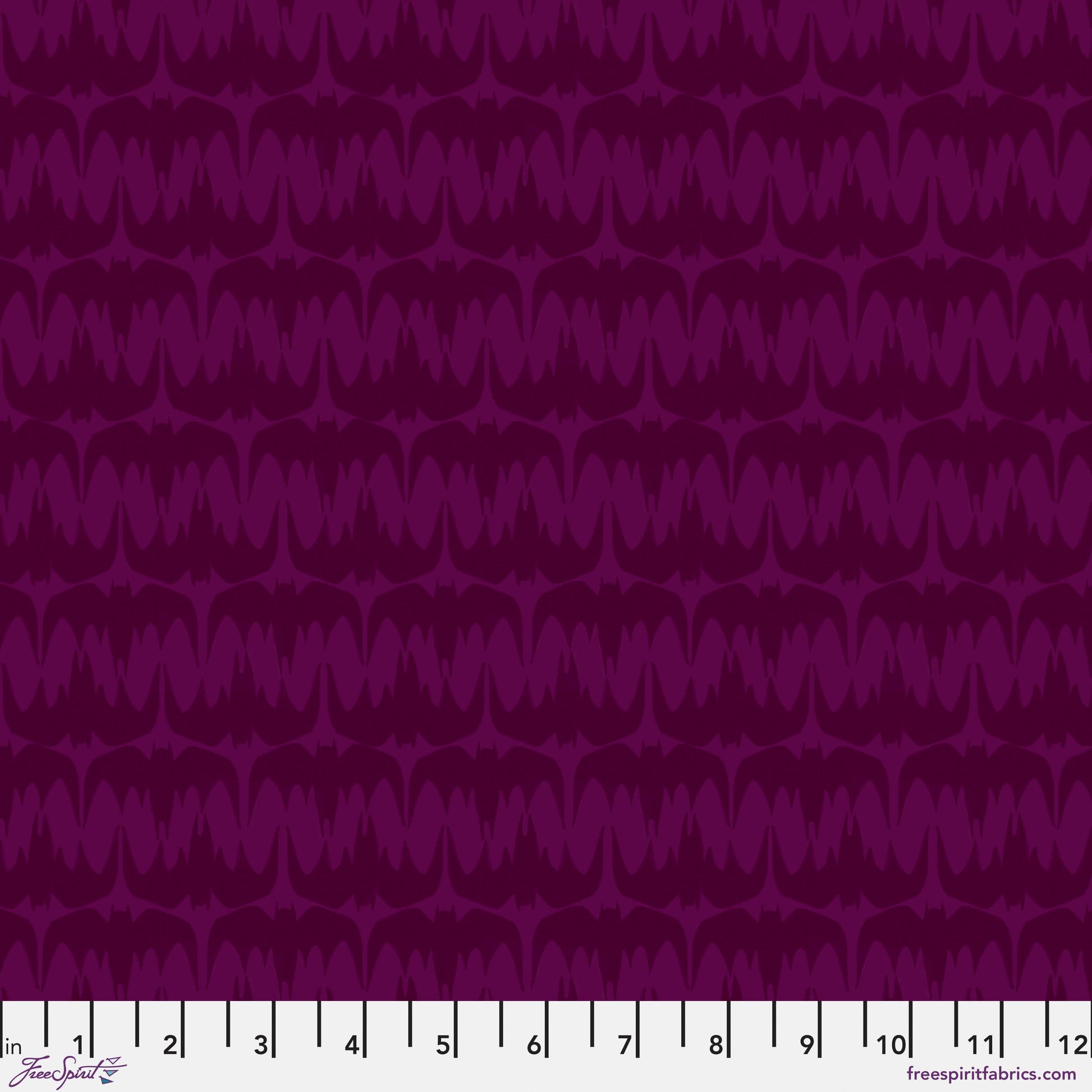 Cotton quilting fabric pattern called 'Batty Bats in Purple'. Part of the 'Ghostly Greetings' fabric collection. Designed by Cori Dantini for fabric company Free Spirit. SKU: PWCD116.XPURPLE. 44-45 inch width.