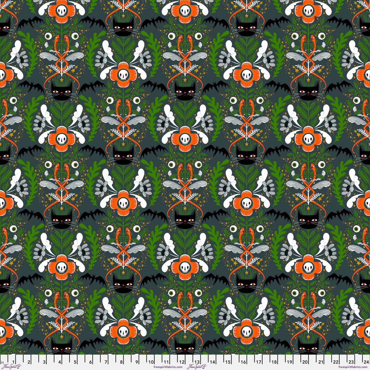Cat Tower in Gray quilting fabric, part of the Witchy Ways fabric collection by Cori Dantini (SKU: PWCD141.XGRAY)