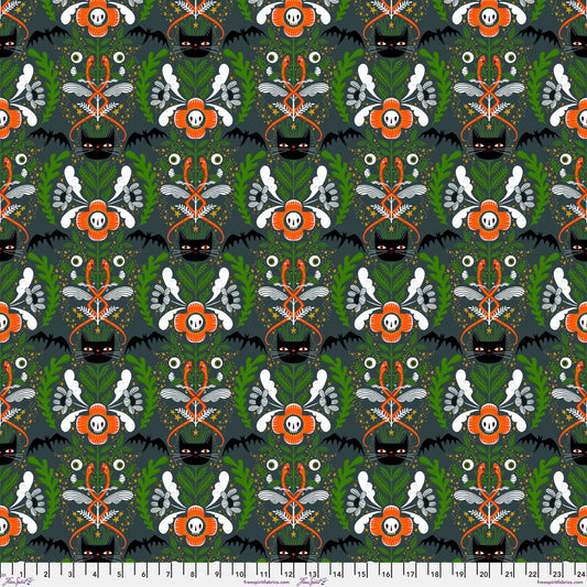 Cat Tower in Gray quilting fabric, part of the Witchy Ways fabric collection by Cori Dantini (SKU: PWCD141.XGRAY)