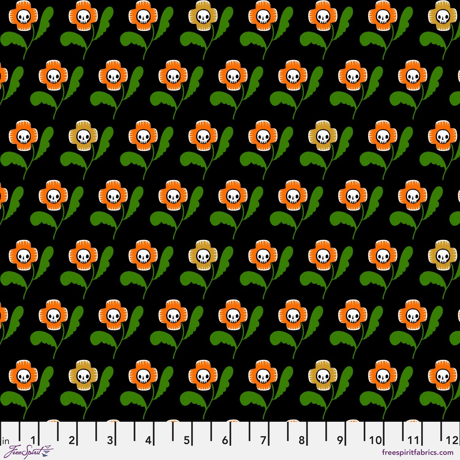 Skull Flowers in Black quilting fabric, part of the Witchy Ways fabric collection by Cori Dantini (SKU: PWCD144.XBLACK)