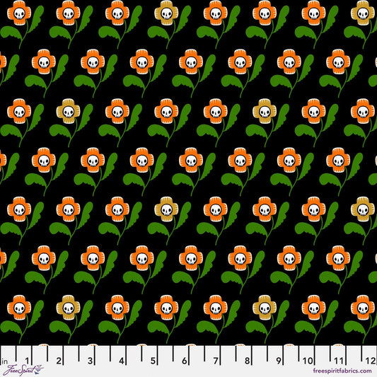 Skull Flowers in Black quilting fabric, part of the Witchy Ways fabric collection by Cori Dantini (SKU: PWCD144.XBLACK)