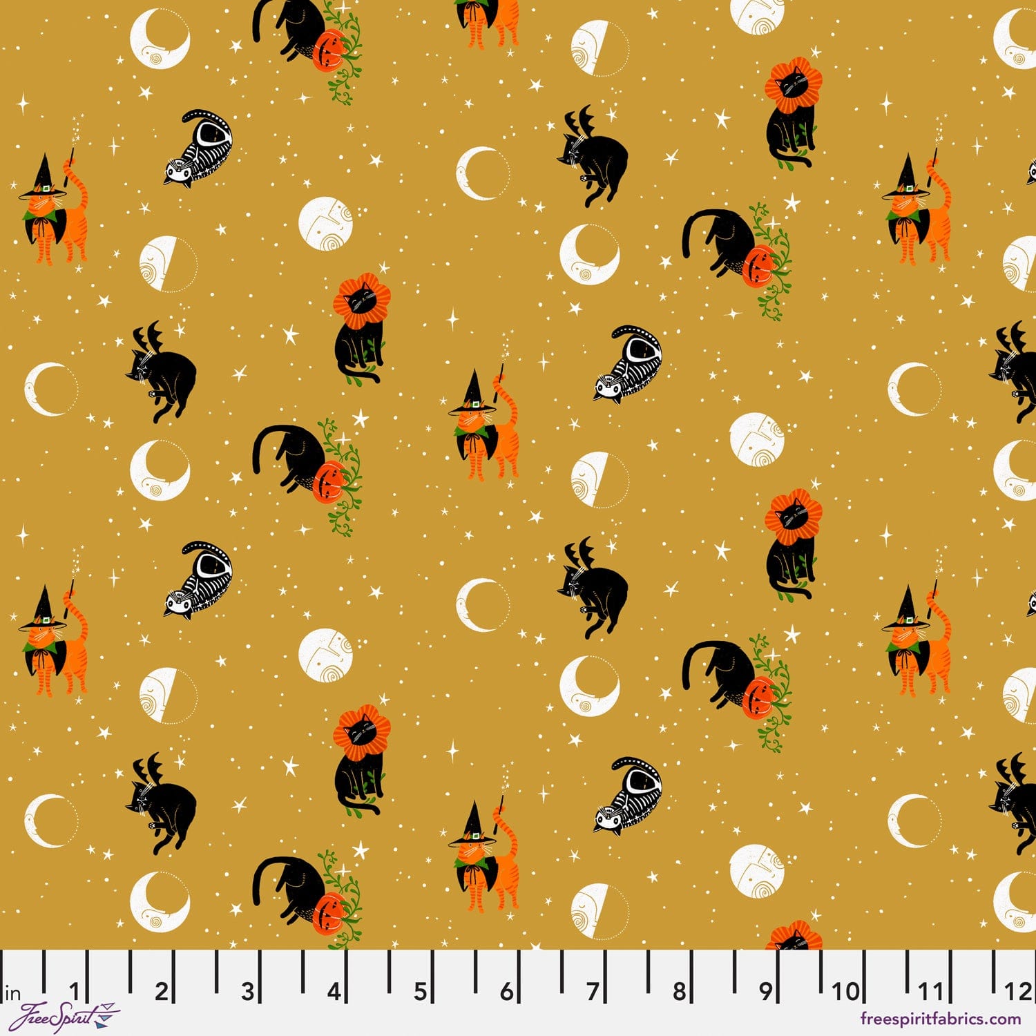 Meow at the Moon in Gold quilting fabric, part of the Witchy Ways fabric collection by Cori Dantini (SKU: PWCD145.XGOLD)