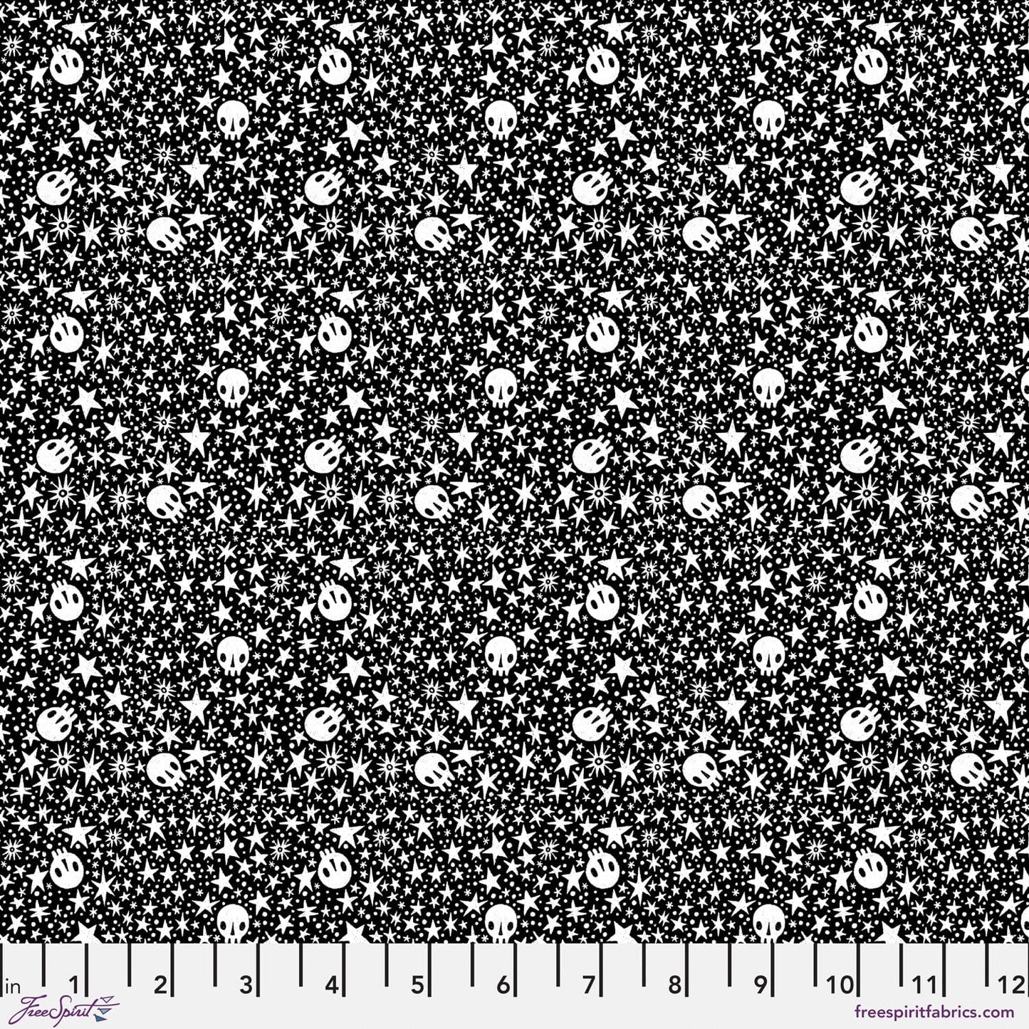 Starry Skulls in Black quilting fabric, part of the Witchy Ways fabric collection by Cori Dantini (SKU: PWCD146.XBLACK)