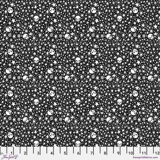 Starry Skulls in Black quilting fabric, part of the Witchy Ways fabric collection by Cori Dantini (SKU: PWCD146.XBLACK)