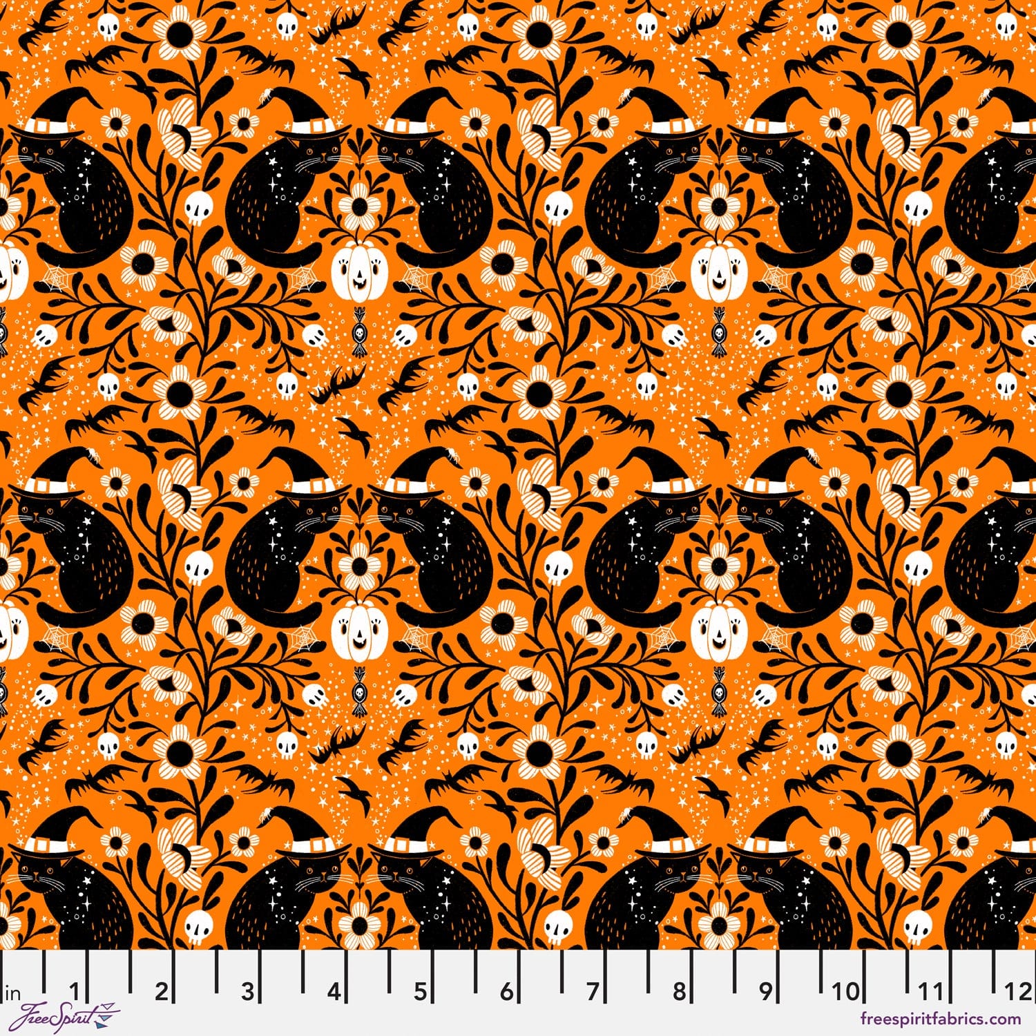 Witchy Kitty in Pumpkin quilting fabric, part of the Witchy Ways fabric collection by Cori Dantini (SKU: PWCD149.XPUMPKIN)