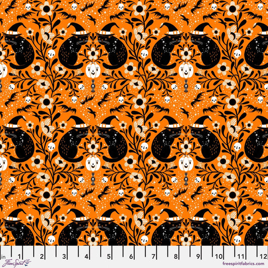 Witchy Kitty in Pumpkin quilting fabric, part of the Witchy Ways fabric collection by Cori Dantini (SKU: PWCD149.XPUMPKIN)