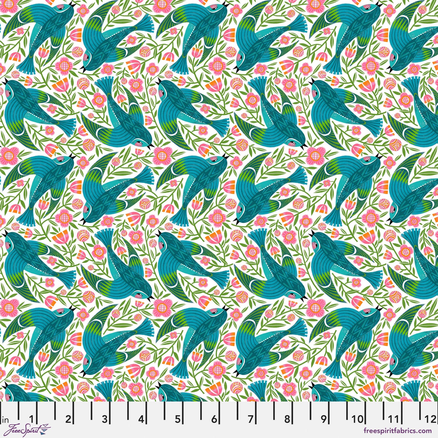 Blue Birdy quilting fabric, part of the What the Birds Said fabric collection by Cori Dantini (SKU: PWCD153.XWHITE)