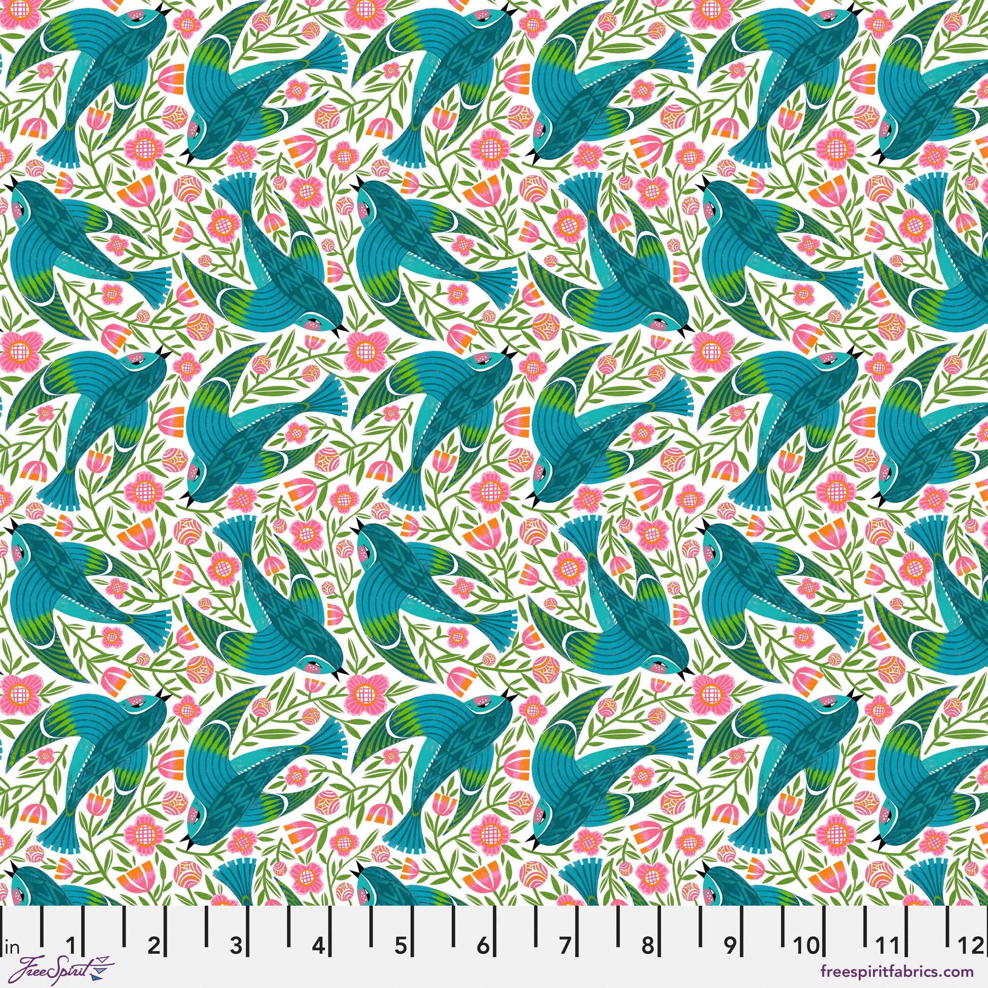 Blue Birdy quilting fabric, part of the What the Birds Said fabric collection by Cori Dantini (SKU: PWCD153.XWHITE)