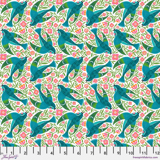 Blue Birdy quilting fabric, part of the What the Birds Said fabric collection by Cori Dantini (SKU: PWCD153.XWHITE)