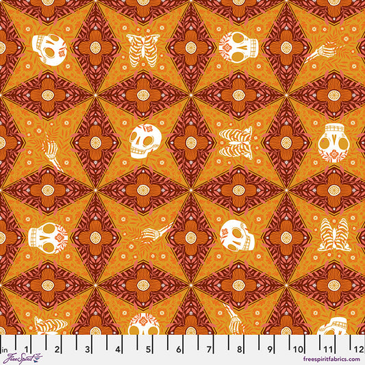 Rattled to the Bone quilting fabric, part of the More Than Bones fabric collection by Cori Dantini (SKU: PWCD165.XMARIGOLD)