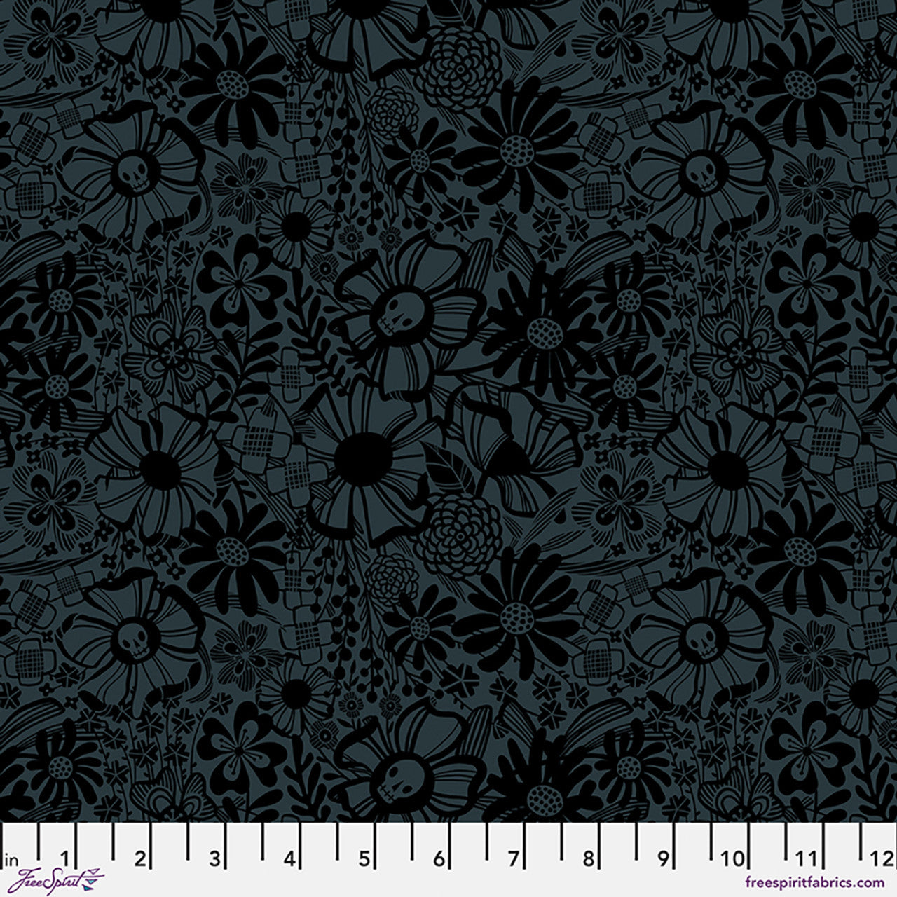 Floral Cacophony quilting fabric, part of the More Than Bones fabric collection by Cori Dantini (SKU: PWCD166.XSLATE)