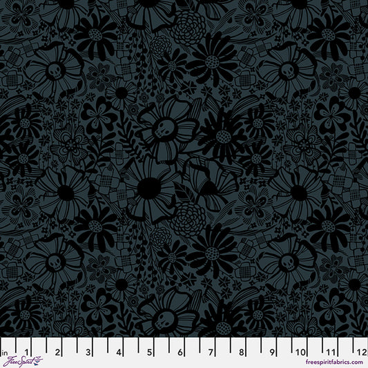 Floral Cacophony quilting fabric, part of the More Than Bones fabric collection by Cori Dantini (SKU: PWCD166.XSLATE)