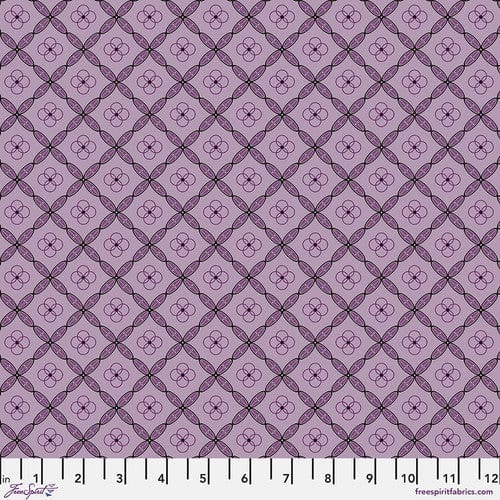 A quilt fabric with a geometric tile pattern in amethyst purple color.